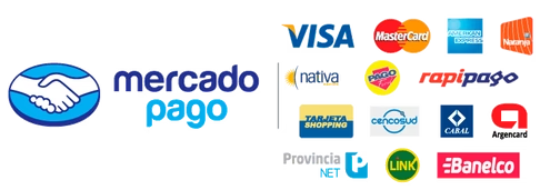 Medios de pago: MercadoPago, Visa, MasterCard, Nativa, Rapipago, Tarjeta Naranja, Cabal, Argencard, Provincia NET, Link, Banelco